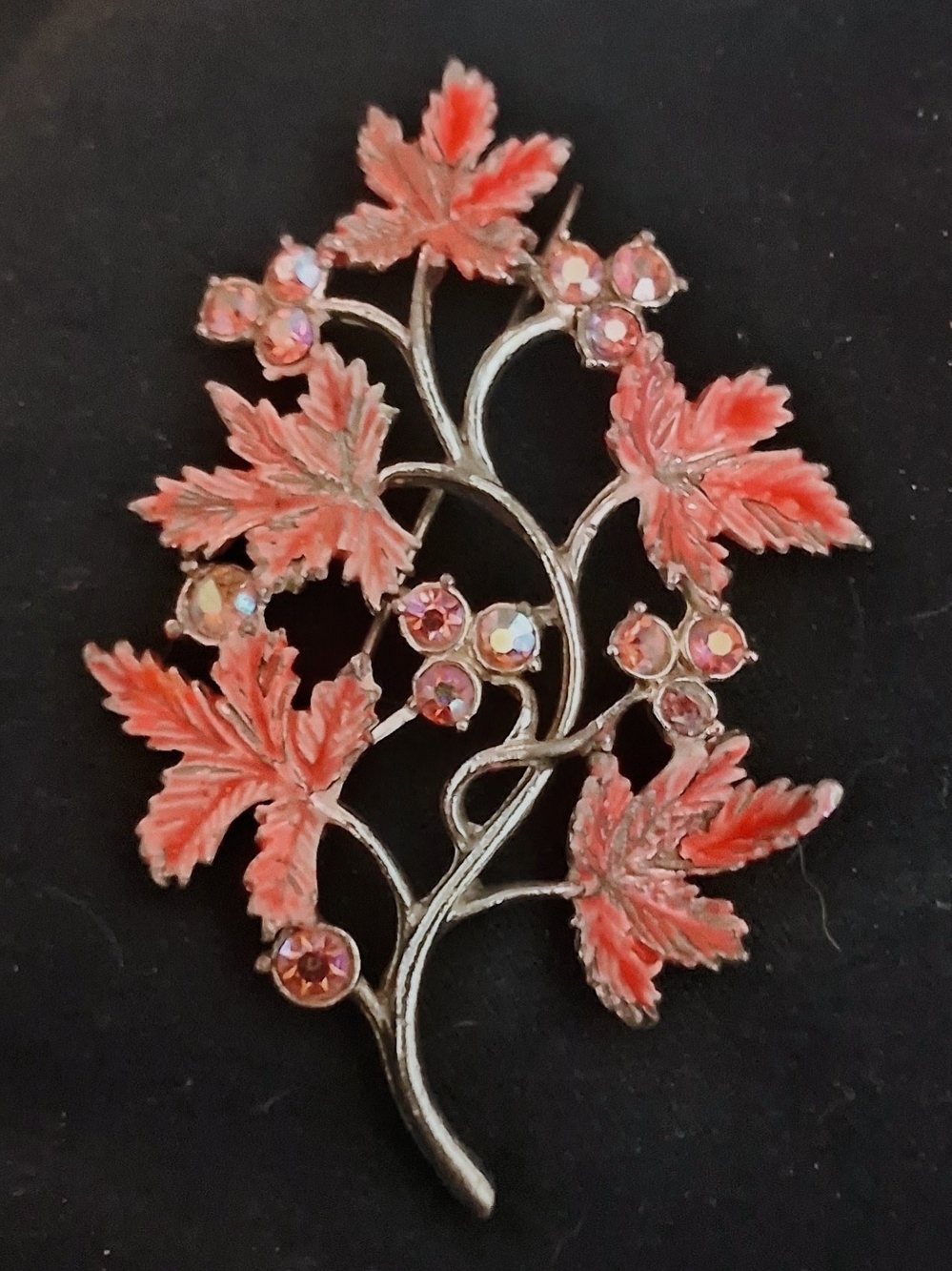 Vintage Coral Pink Enamel Maple Leaf Branch Brooch w/ Aurora Borealis Rhinestone